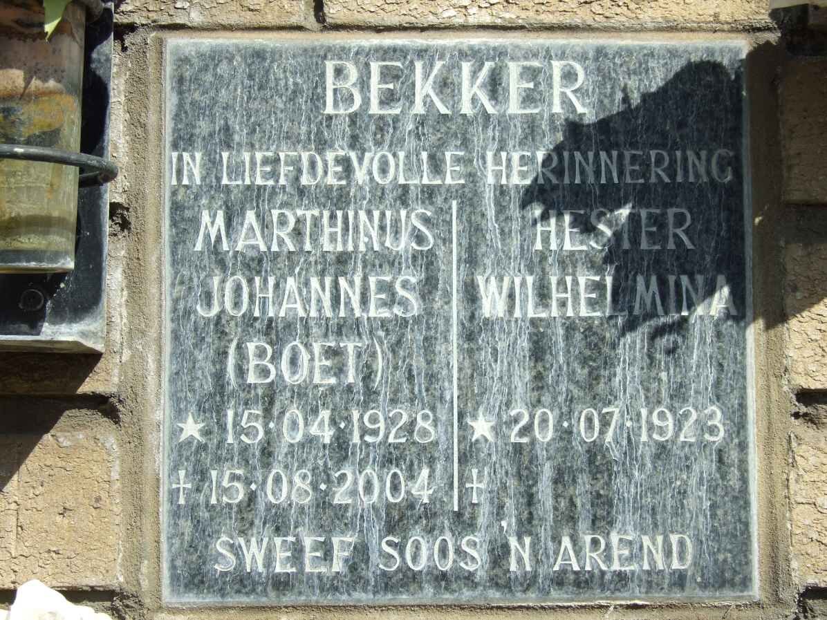 BEKKER Marthinus Johannes 1928-2004 &amp; Hester Wilhelmina 1923-