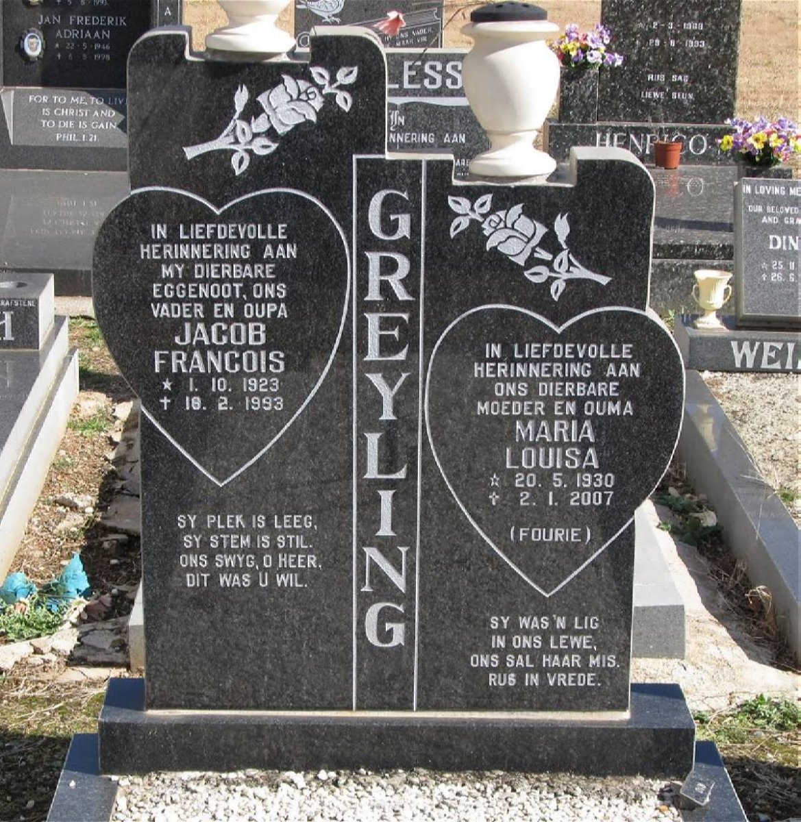 GREYLING Jacob Francois 1923-1993 &amp; Maria Louisa FOURIE 1930-2007