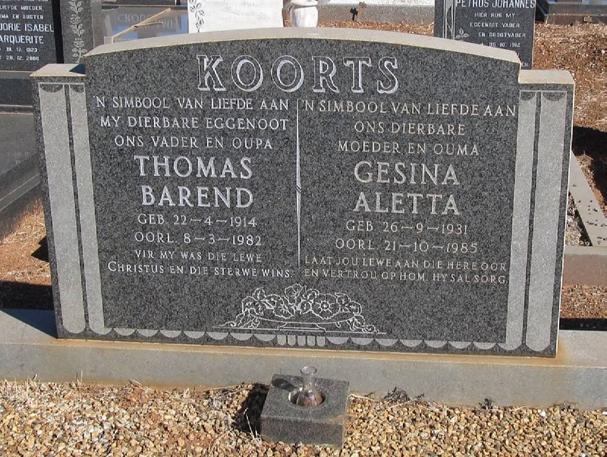 KOORTS Thomas Barend 1914-1982 &amp; Gesina Aletta 1931-1985