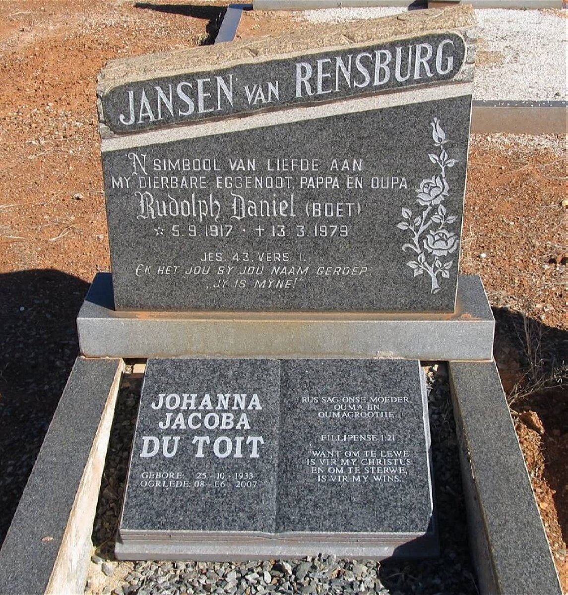 RENSBURG Rudolph Daniel, Jansen van 1917-1979 :: DU TOIT Johanna Jacoba 1933-2007