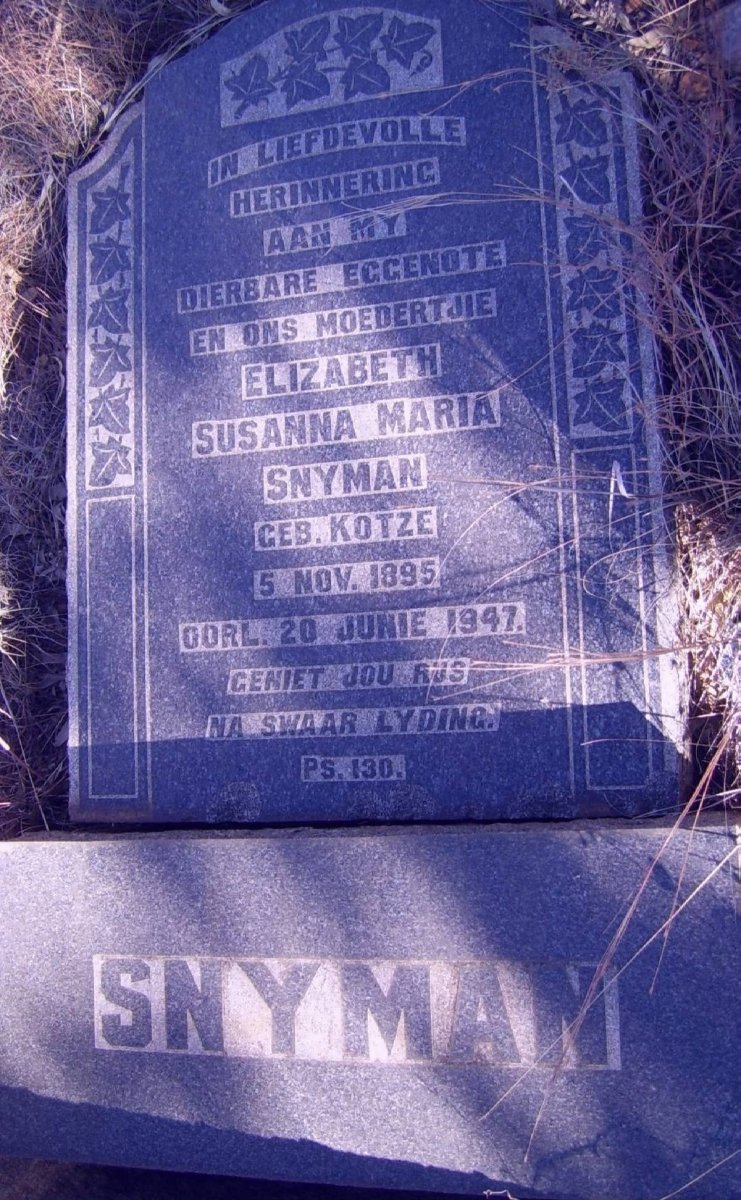SNYMAN Elizabeth Susanna Maria nee KOTZE 1895-1947