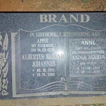 BRAND Albertus Barend Johannes 1913-2000 & Anna Maria 1919-2019