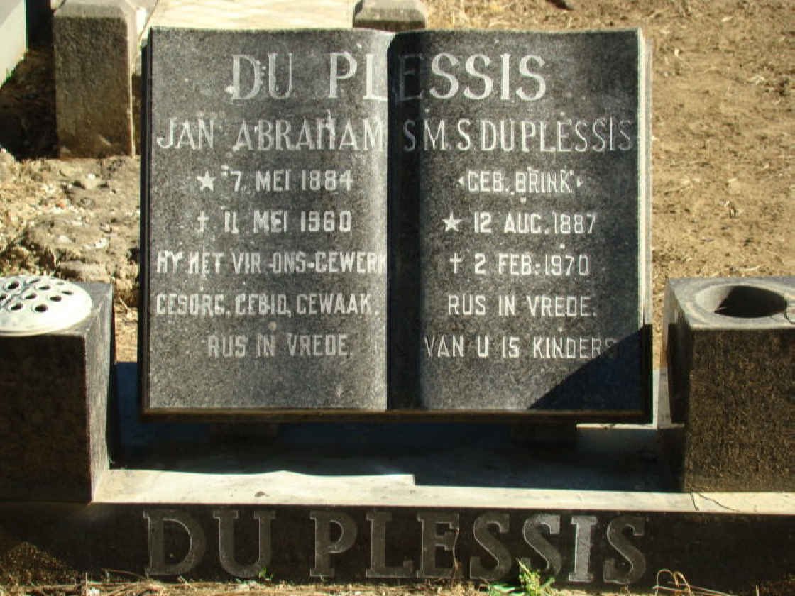 PLESSIS Jan Abraham, du 1884-1960 &amp; S.M.S. BRINK 1887-1970