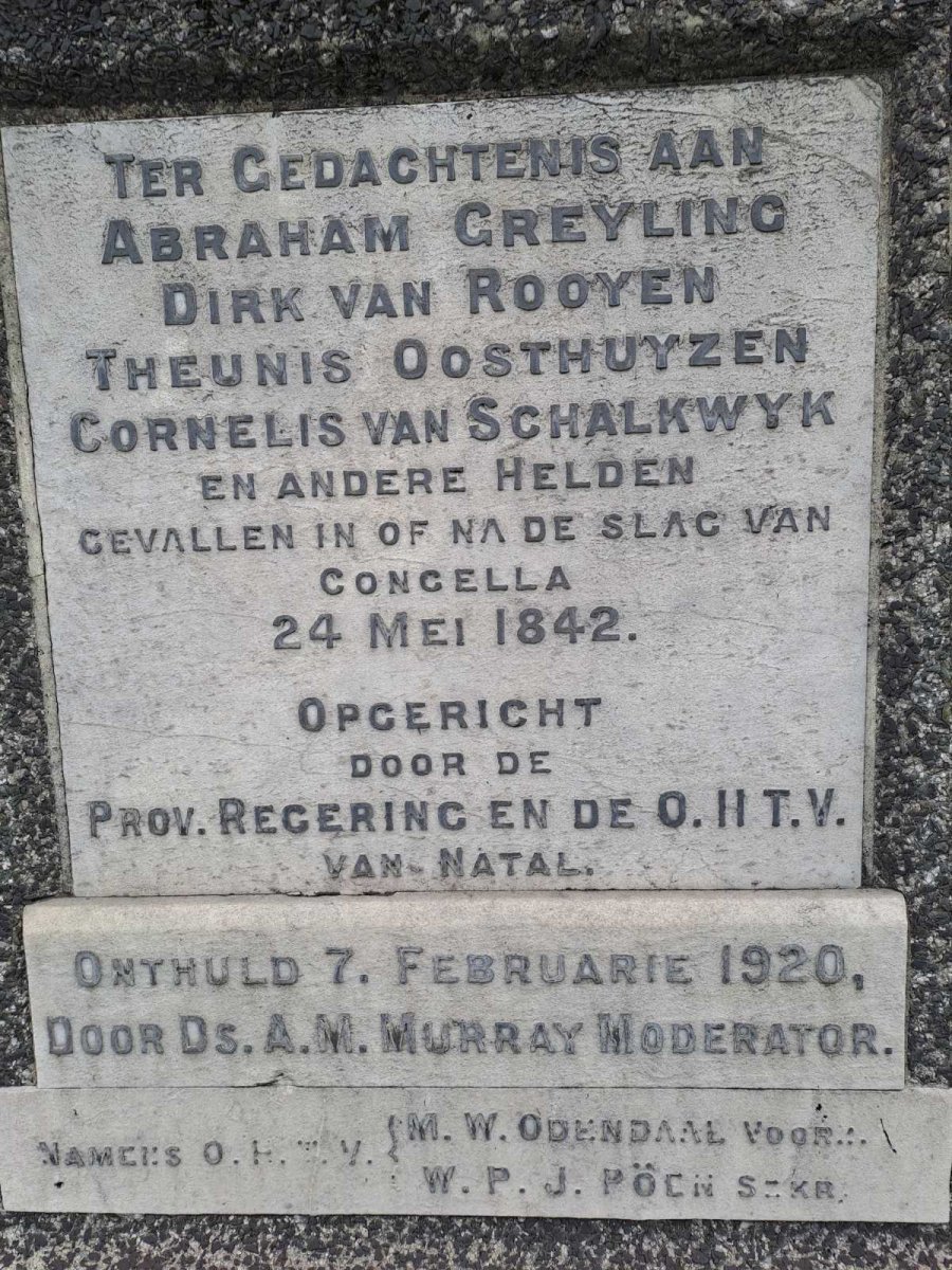 2. Ter gedachtenis aan helden gevallen in of na de Slag van Congella 24 Mei 1842 (Sien name)