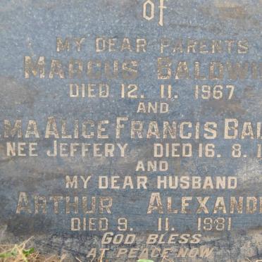 BALDWIN Marcus -1967 &amp; Alma Alice Francis JEFFERY -1969 :: ALEXANDER Arthur -1981