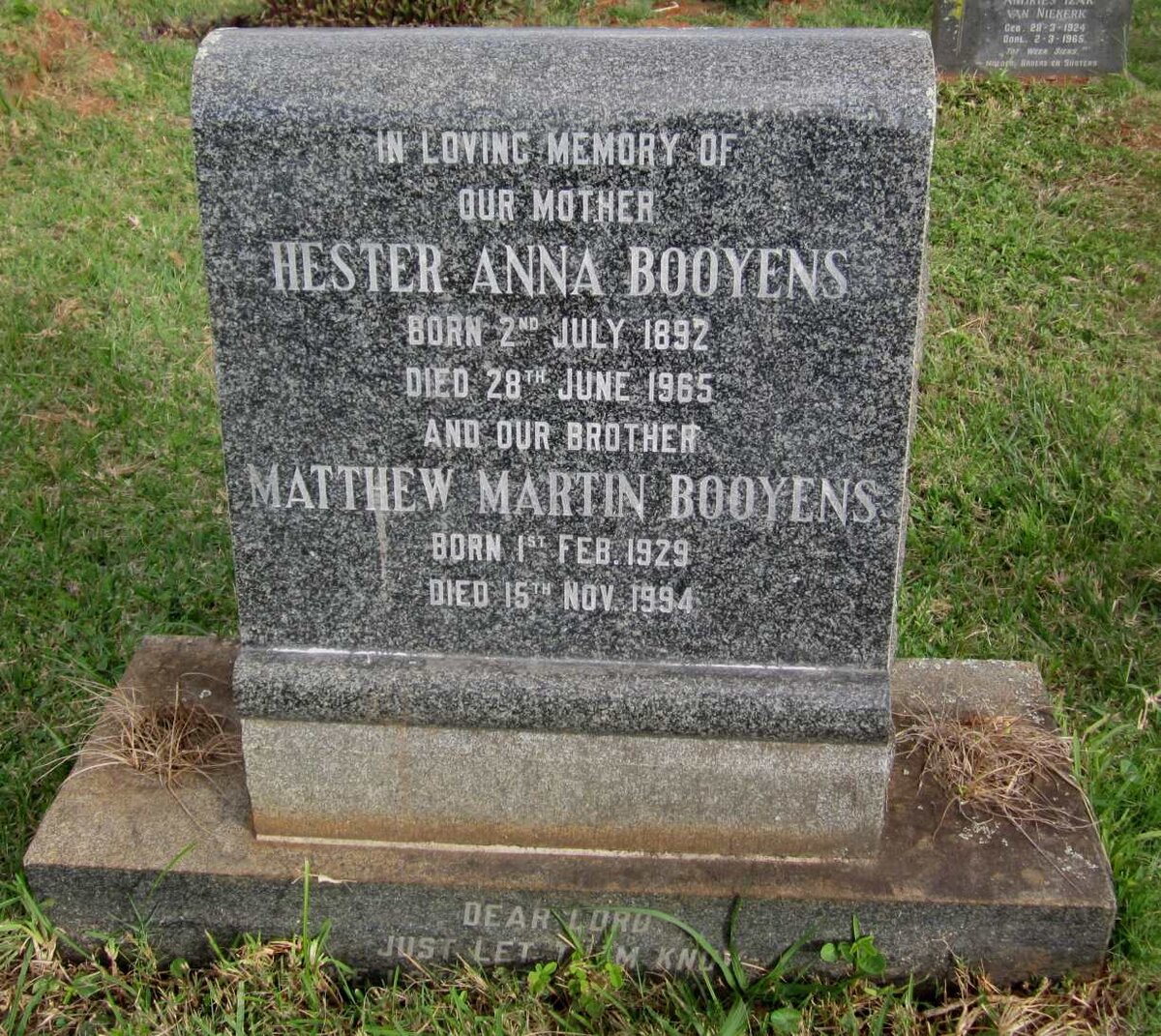 BOOYENS Matthew Martin 1929-1994 &amp; Hester Anna 1892-1965