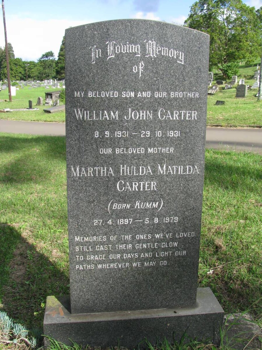 CARTER Martha Hulda Mathilda nee KUMM 1897-1979 :: CARTER William John 1931-1931
