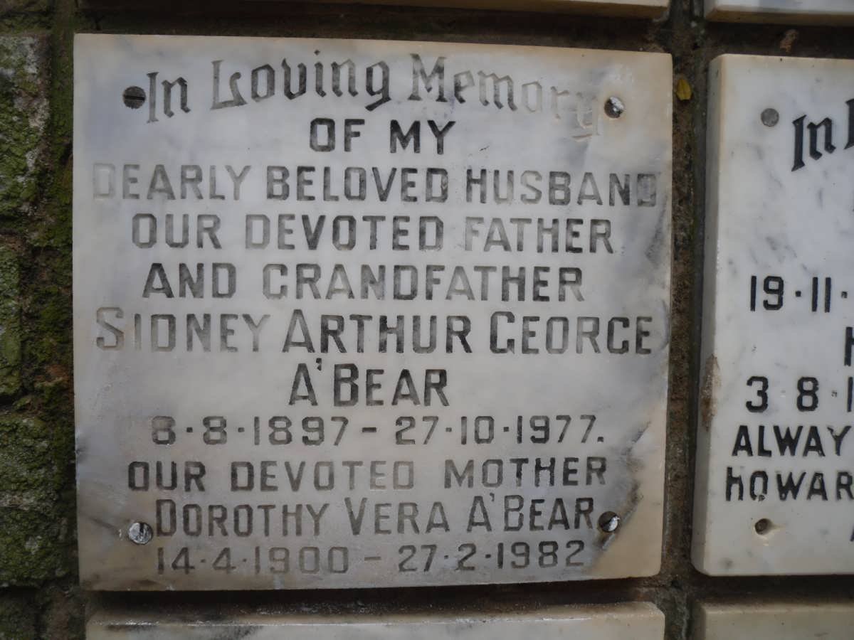 A'BEAR Sidney Arthur George 1897-1977 &amp; Dorothy Vera 1900-1982