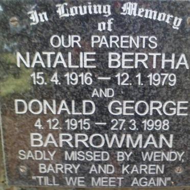 BARROWMAN Donald George 1915-1998 &amp; Natalie Bertha 1916-1979
