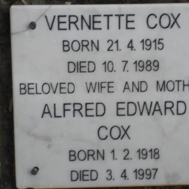 COX Alfred Edward 1918-1997 &amp; Vernette 1915-1989