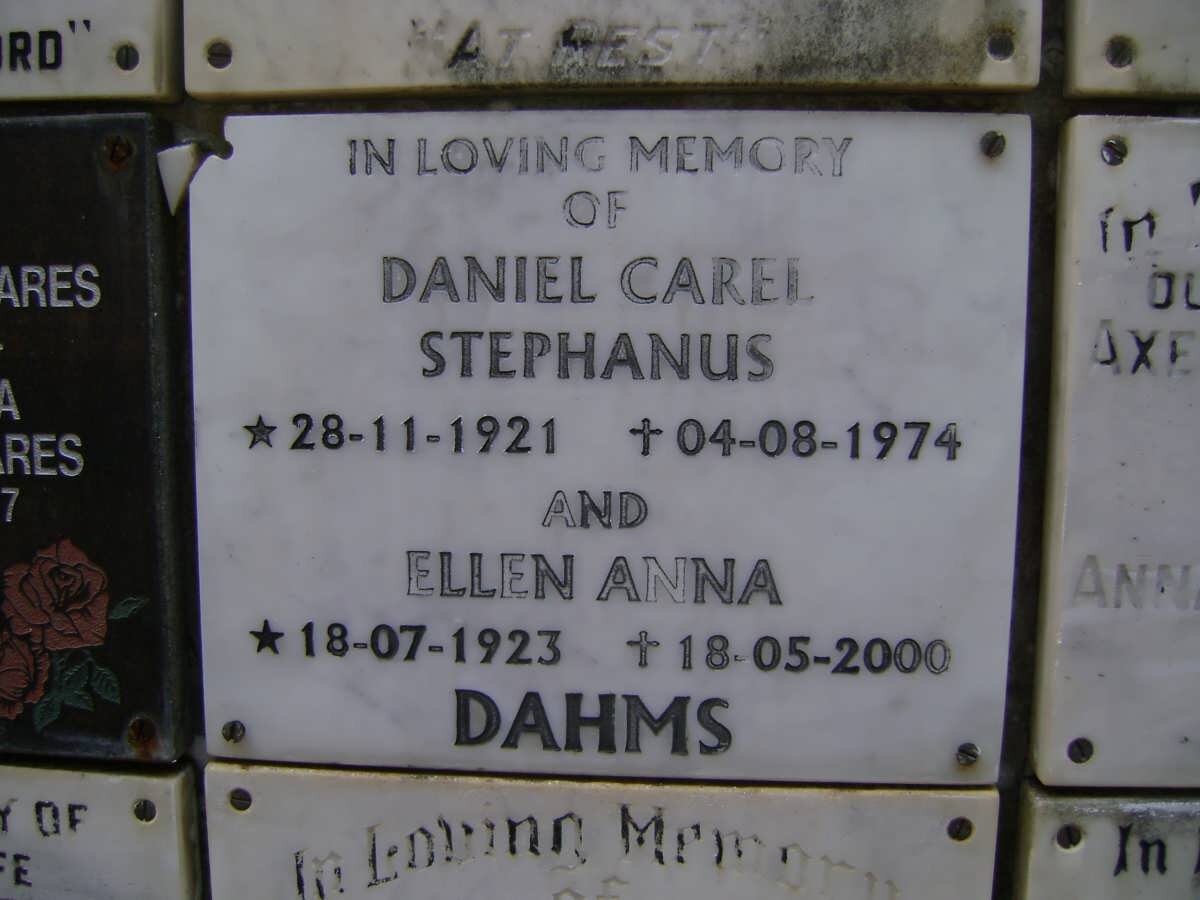 DAHMS Daniel Carel Stephanus 1921-1974 &amp; Ellen Anna 1923-2000