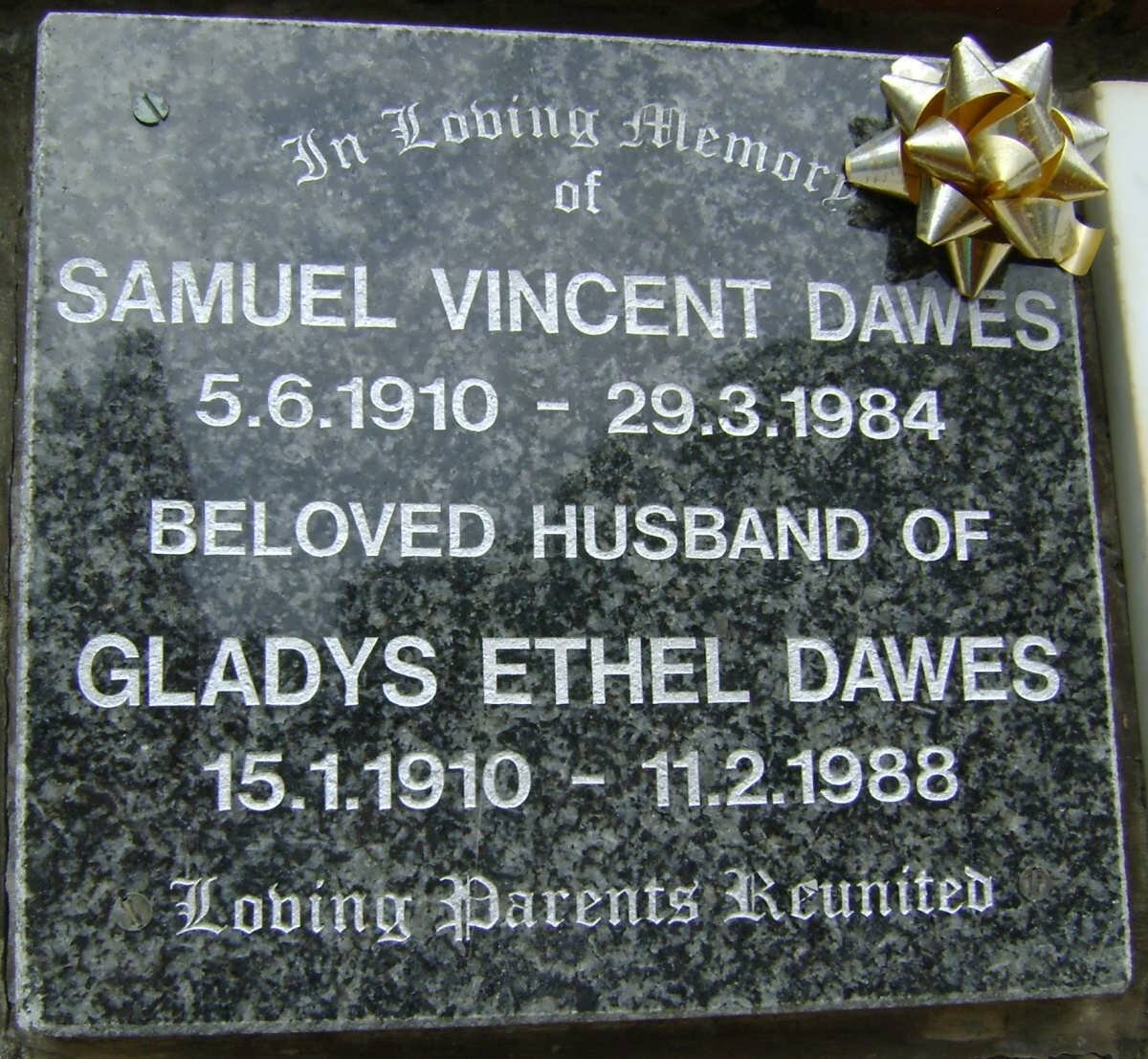 DAWES Samuel Vincent 1910-1984 &amp; Gladys Ethel 1910-1988
