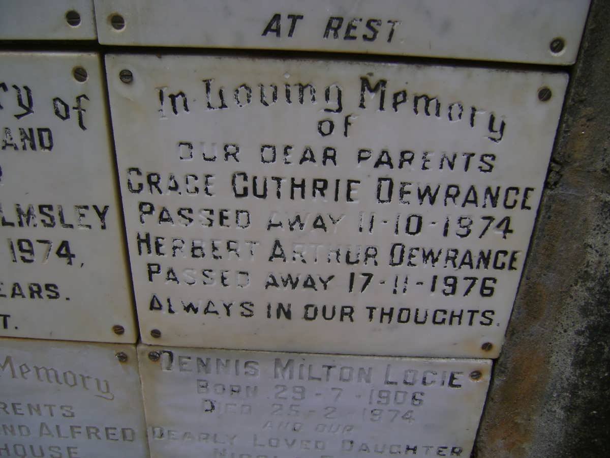 DEWRANCE Herbert Arthur -1976 &amp; Grace Guthrie -1974