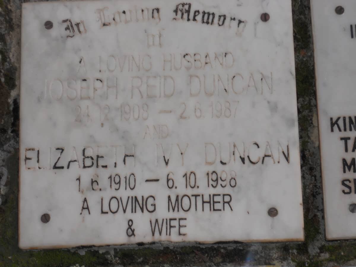 DUNCAN Joseph Reid 1908-1987 &amp; Elizabeth Ivy 1910-1998