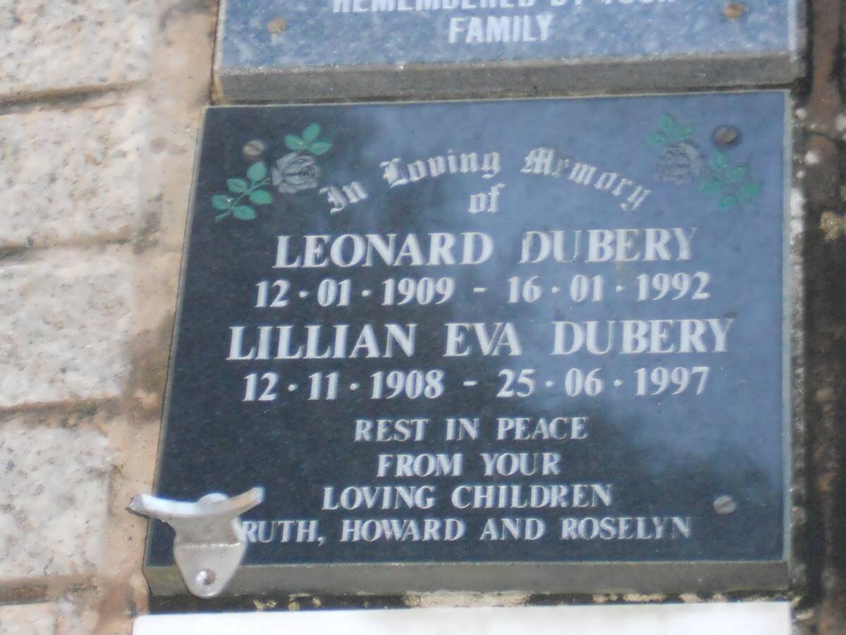 DUBERY Leonard 1909-1992 &amp; Lillian Eva 1908-1997