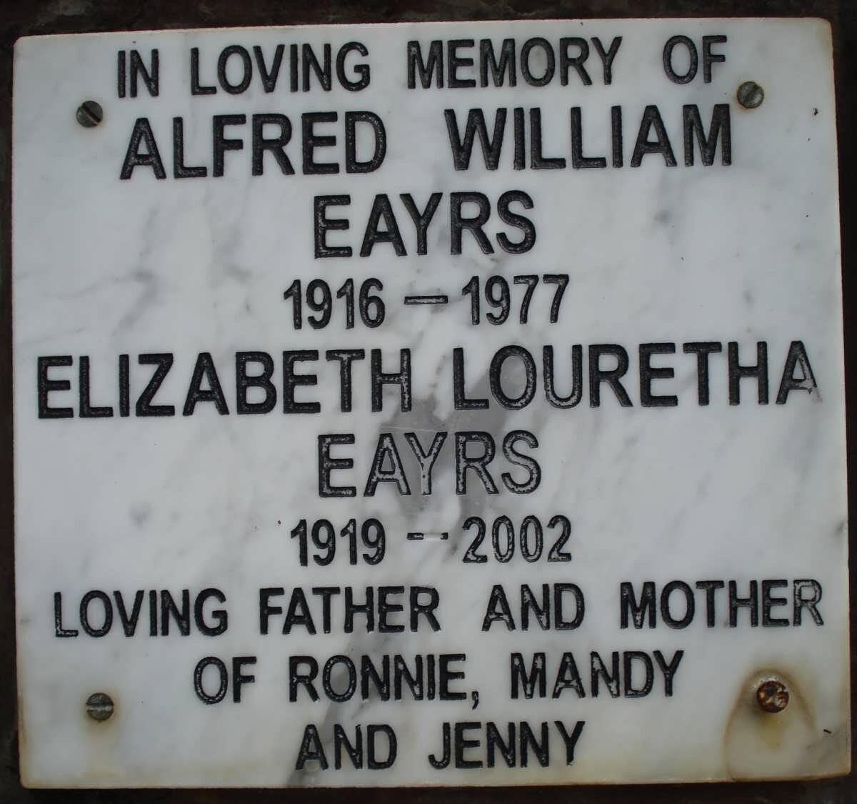 EAYRS Alfred William 1916-1977 &amp; Elizabeth Louretha 1919-2002