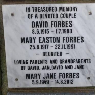 FORBES David 1915-1980 &amp; Mary Easton 1917-1991 :: FORBES Mary Jane 1949-2012