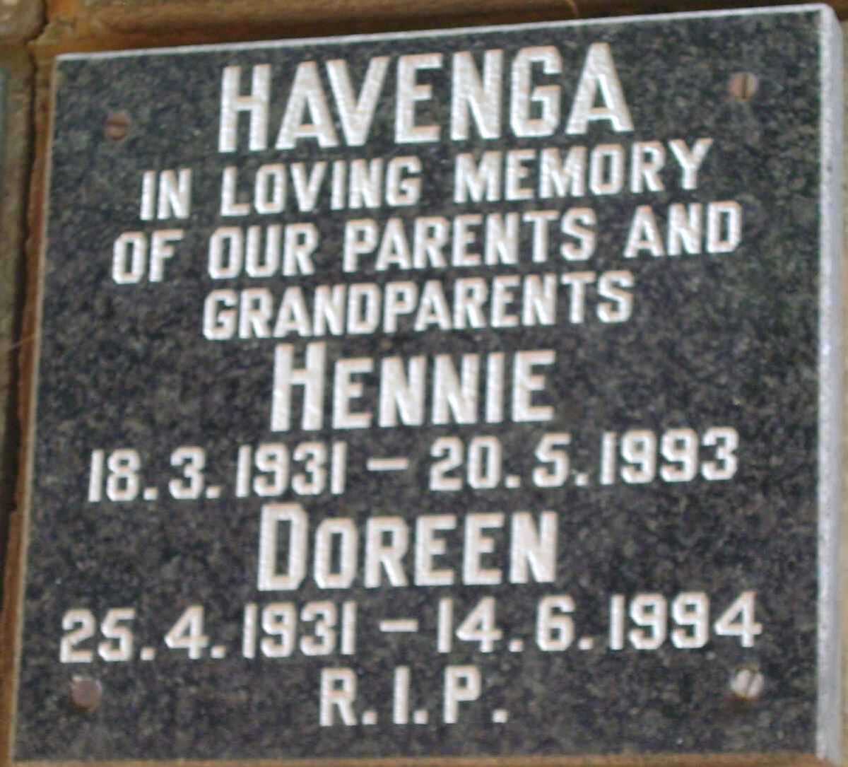 HAVENGA Hennie 1931-1993 &amp; Doreen 1931-1994