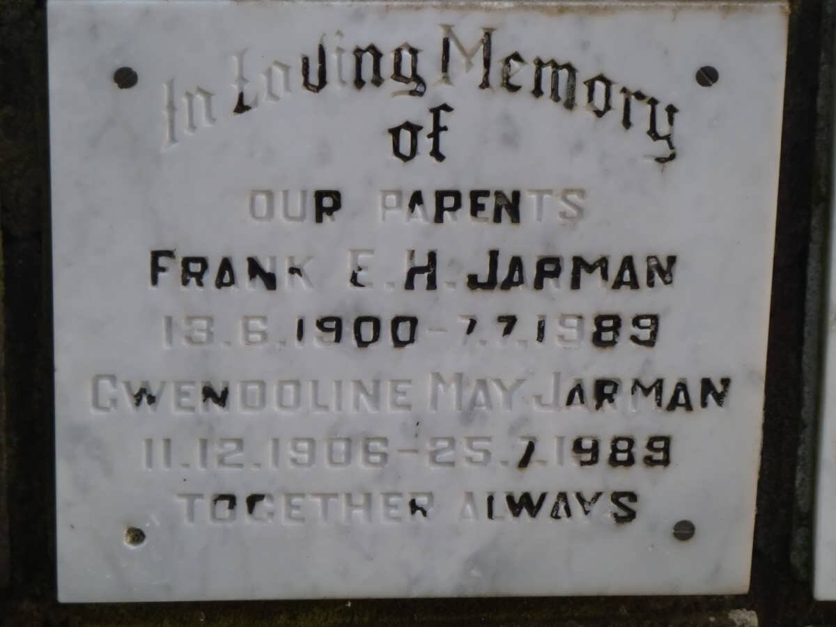 JARMAN Frank E.H. 1900-1989 &amp; Gwendoline May 1906-1989