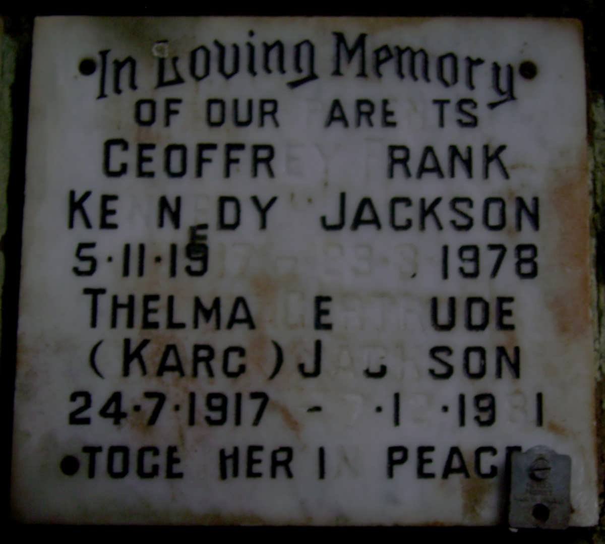 JACKSON Geoffrey Frank Kennedy 1917-1978 &amp; Thelma Gertrude KARG 1917-1981