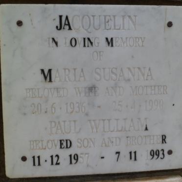 JACQUELIN Maria Susanna 1936-1990 :: JACQUELIN Paul William 1957-1993