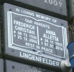 LINGENFELDER Frederick Christian 1930-2008 &amp; Anna Alletta 1935-2014