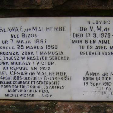 MALHERBE Michel Cesar, de 1885-1971 &amp; Stanislawa E. BIZON 1887-1968 :: DE MALHERBE V.M. -1979 &amp; Anna ULRICH -1993