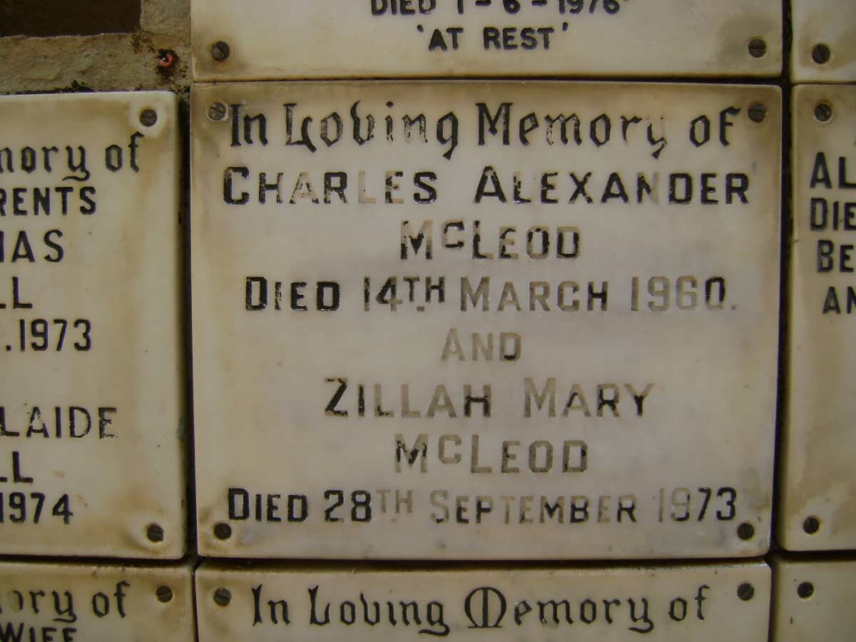 Mc LEOD Charles Alexander -1960 &amp; Zillah Mary -1973