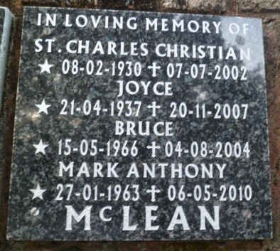 McLEAN St. Charles Christian 1930-2002 &amp; Joyce 1937-2007 :: Mc LEAN Mark Anthony 1963-2010 :: Mc LEAN Bruce 1966-2004