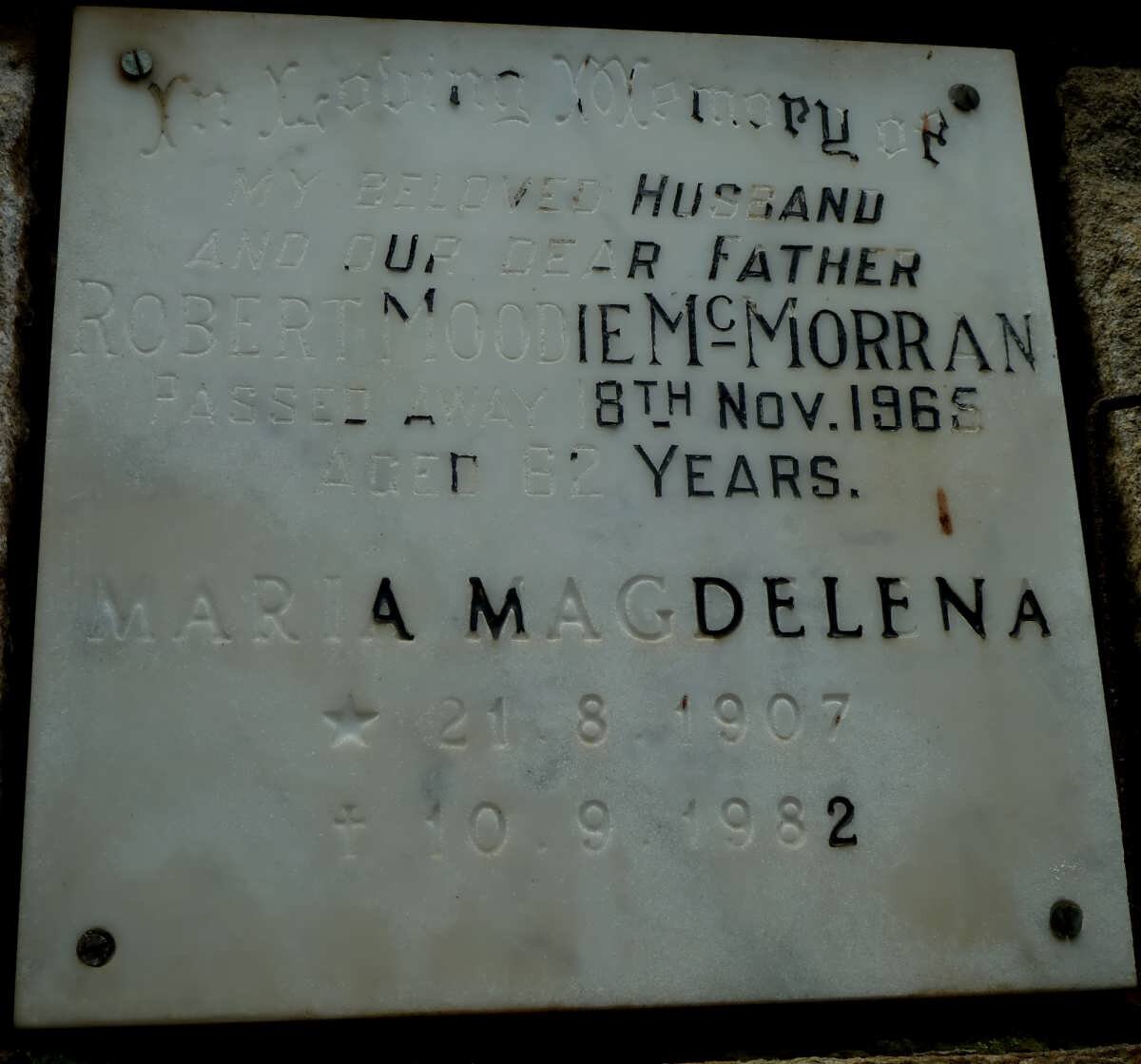 McMORRAN Robert Moodie -1965 &amp; Maria Magdelena 1907-1982