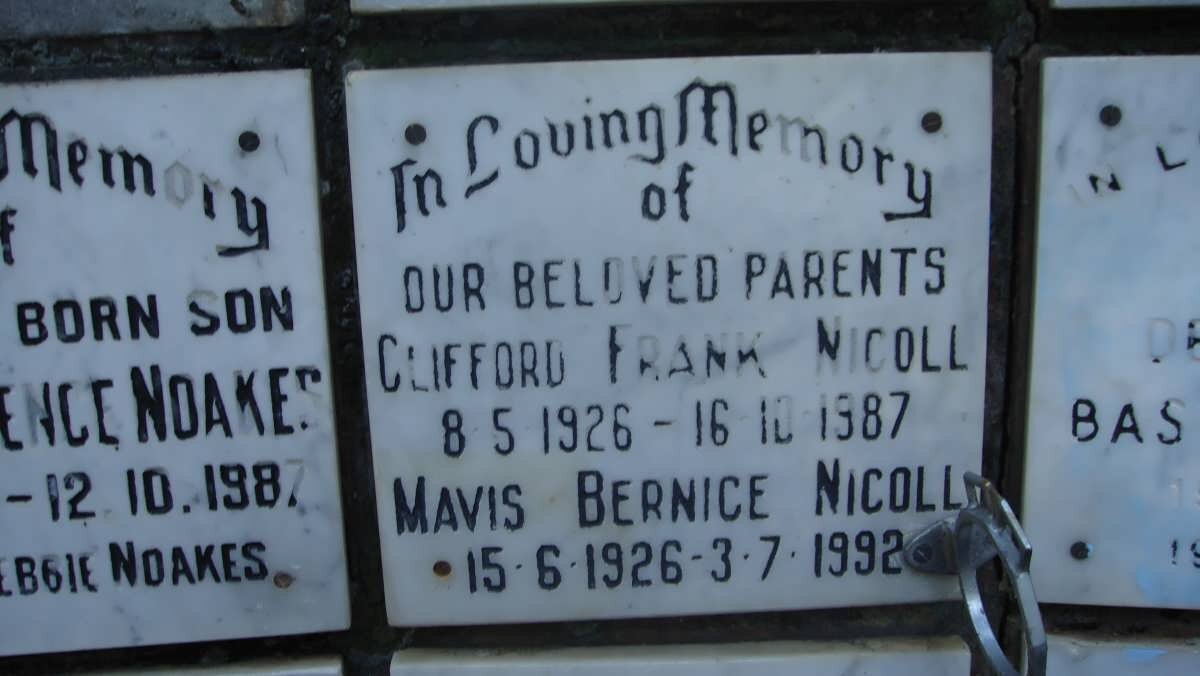 NICOLL Clifford Frank 1926-1987 &amp; Mavis Bernice 1926-1992