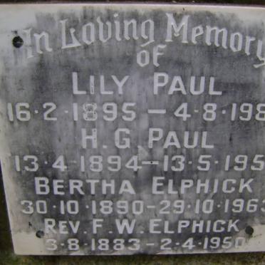 PAUL H.G. 1894-1957 &amp; Lily 1895-1983 :: ELPHICK F.W. 1883-1950 &amp; Bertha 1890-1963