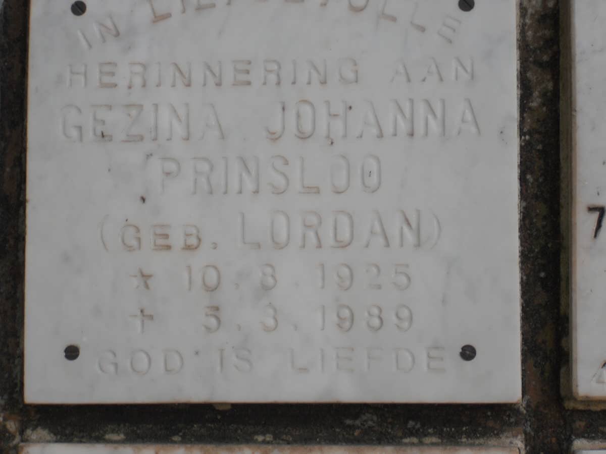 PRINSLOO Gezina Johanna nee LORDAN 1925-1989