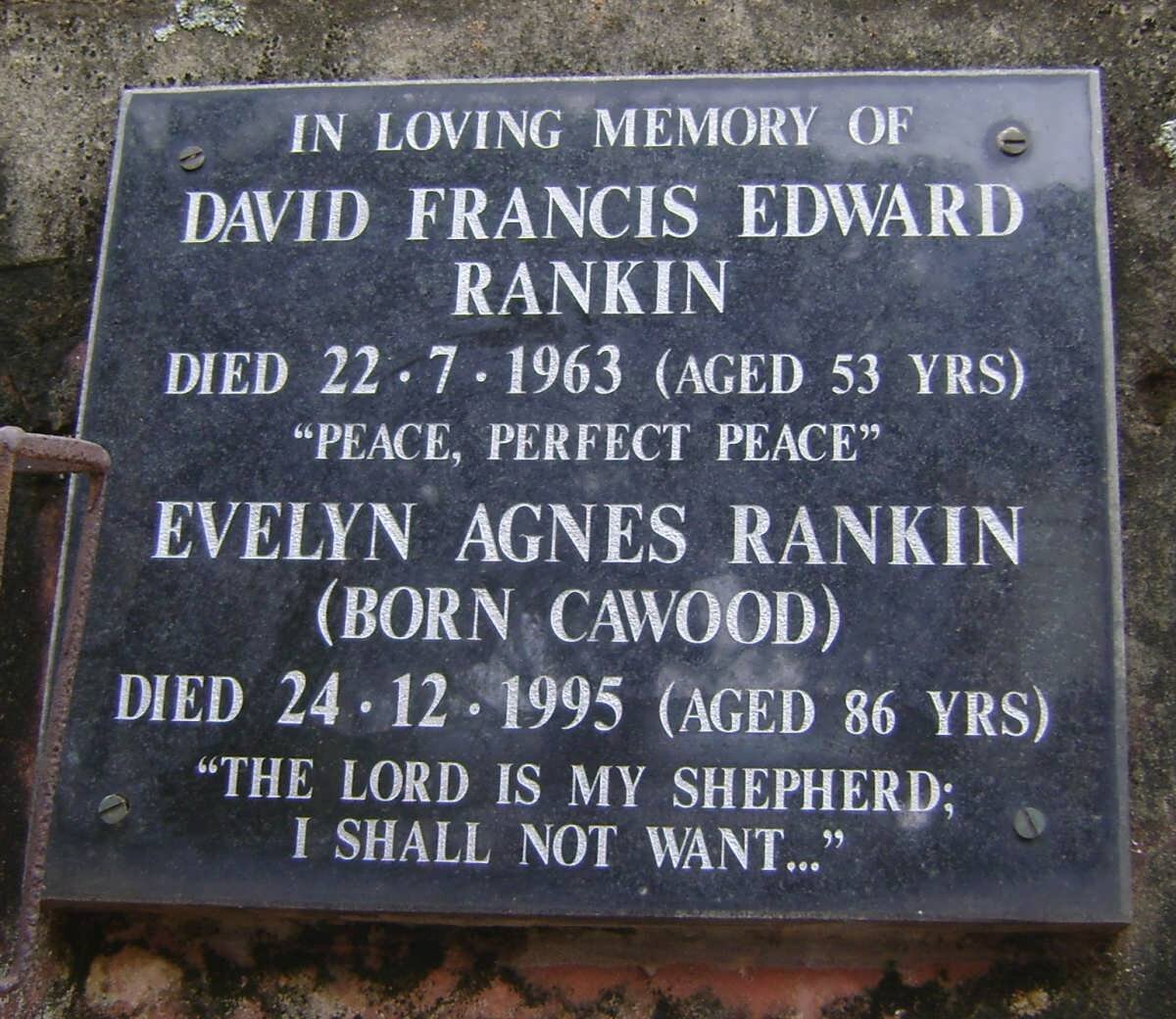 RANKIN David Francis Edward -1963 &amp; Evelyn Agnes CAWOOD -1995