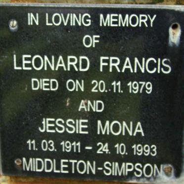SIMPSON Leonard Francis, Middleton -1979 &amp; Jessie Mona 1911-1993