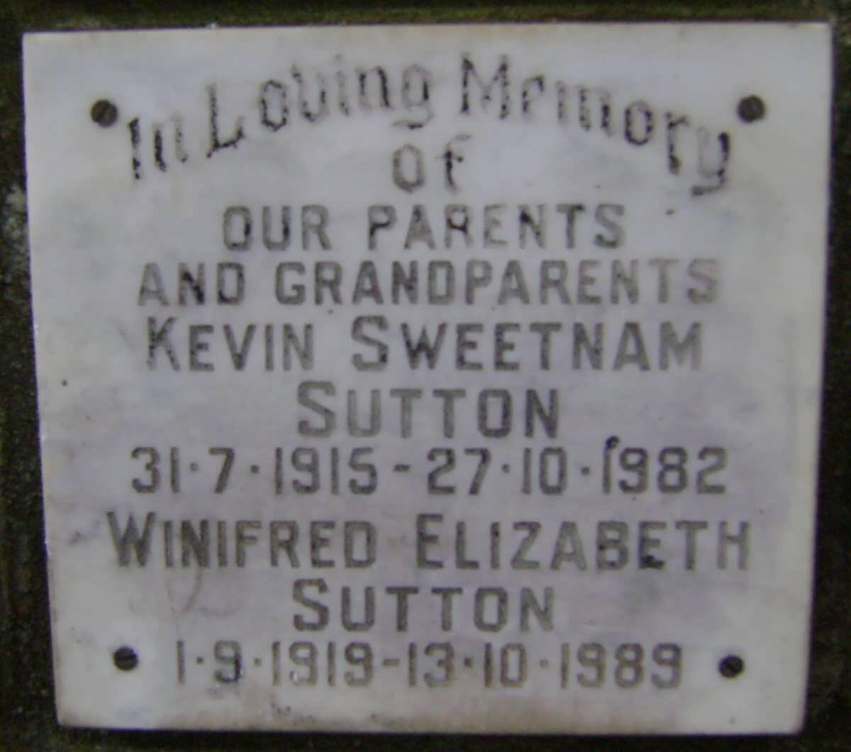 SUTTON Kevin Sweetnam 1915-1982 &amp; Winifred Elizabeth 1919-1989