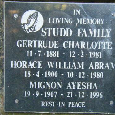 STUDD Gertrude Charlotte 1881-1981 :: STUDD Horace William Abram 1900-1980 :: STUDD Mignon Ayesha 1907-1996