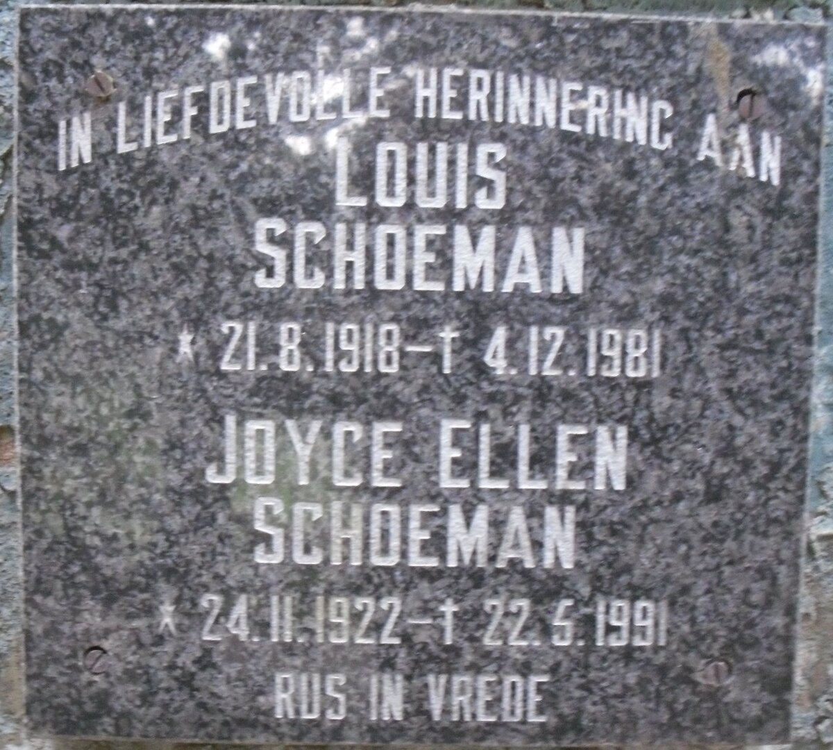 SCHOEMAN Louis 1918-1981 &amp; Joyce Ellen 1922-1991