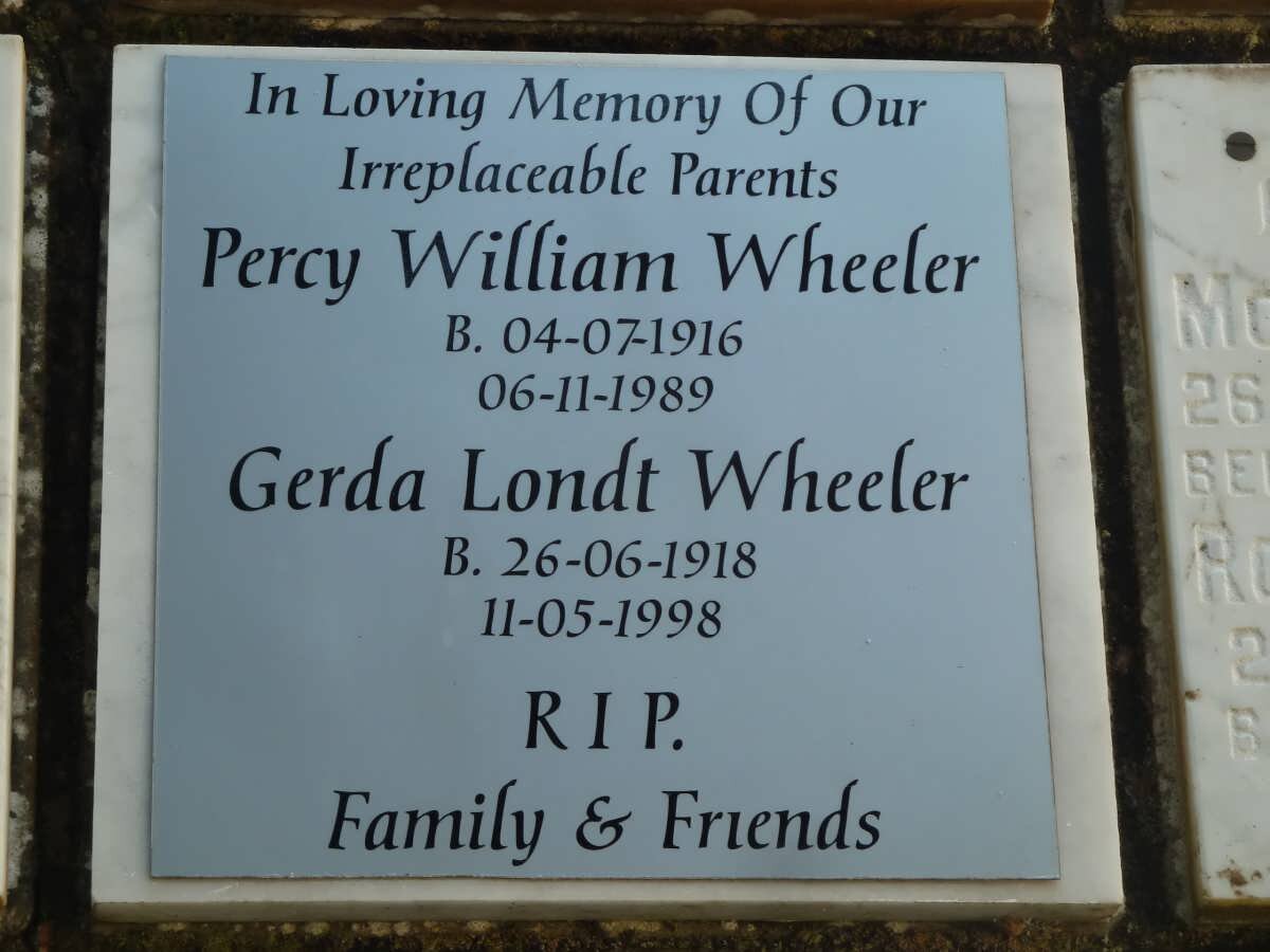 WHEELER Percy William 1916-1989 &amp; Gerda Londt 1918-1998