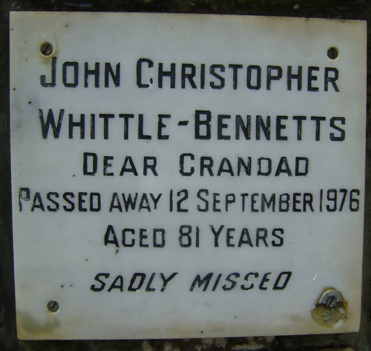 WHITTLE-BENNETTS John Christopher -1976