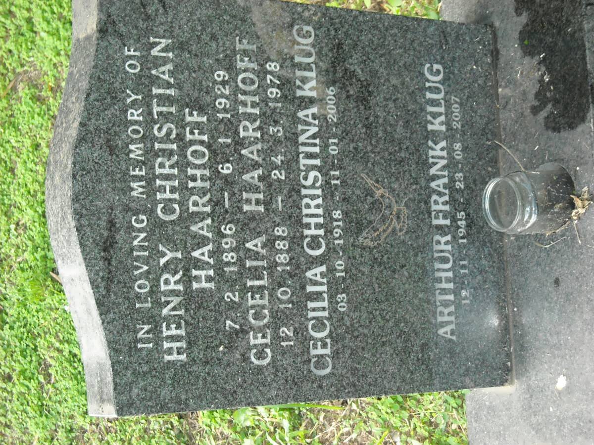 HAARHOFF  Henry Christian 1896-1929 &amp; Cecelia 1888-1978 :: KLUG Cecilia Christina 1918-2006 :: KLUG Arthur Frank 1945-2007 