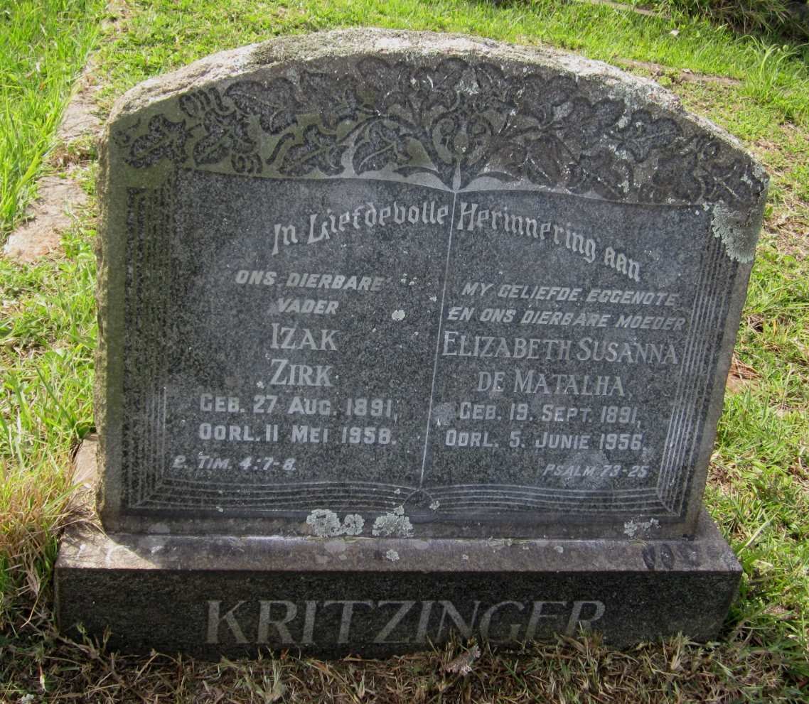 KRITZINGER Izak Zirk 1891-1958 &amp; Elizabeth Susanna de Matalha 1891-1956