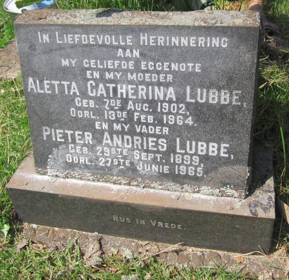 LUBBE Pieter Andries 1899-1965 &amp; Aletta Catharina 1902-1964