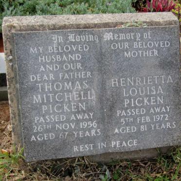 PICKEN Thomas Mitchell -1956 &amp; Henrietta Louisa -1972