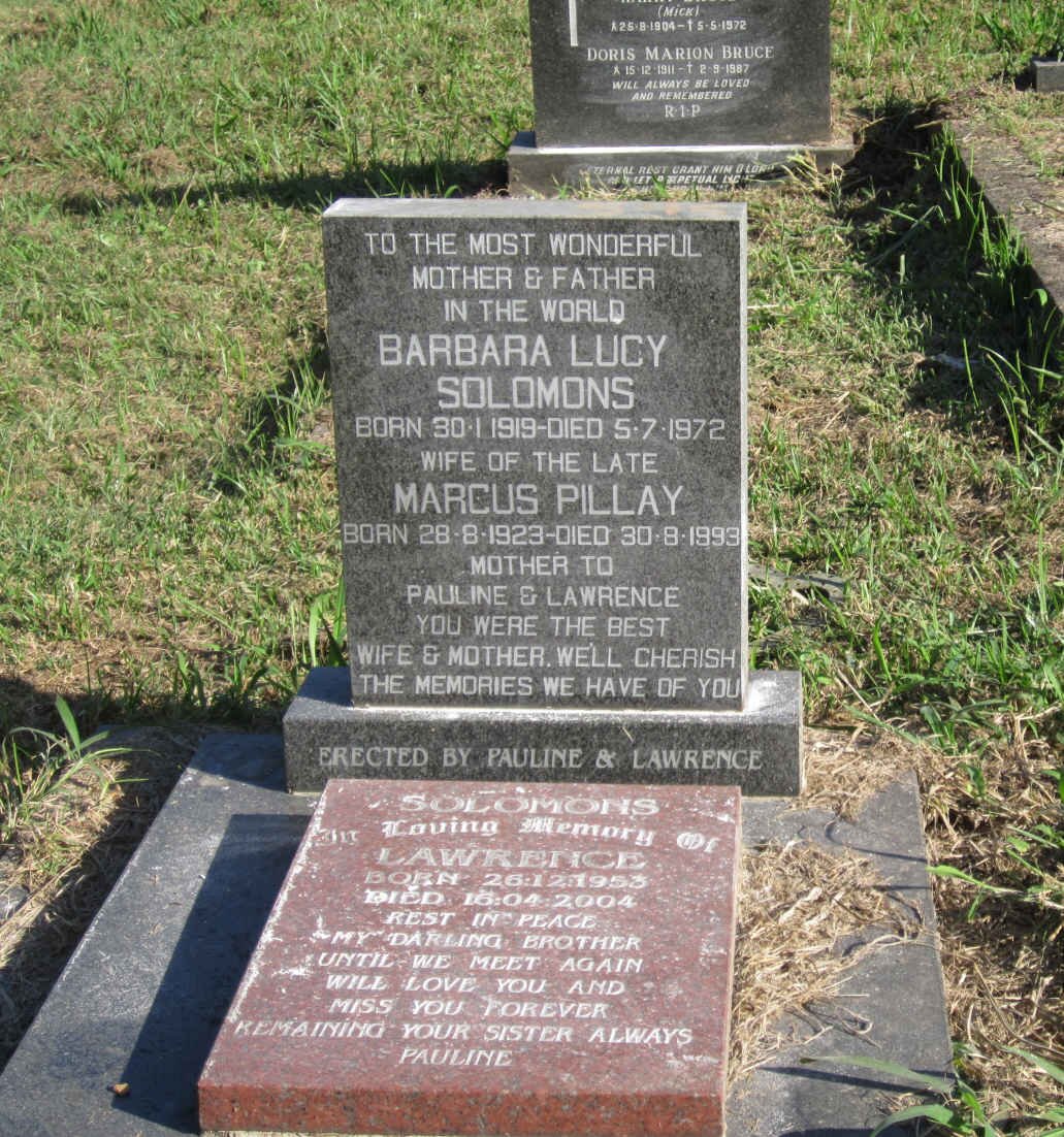 PILLAY Marcus 1923-1993 &amp; Barbara Lucy SOLOMONS 1919-1972 :: SOLOMONS Lawrence 1953-2004