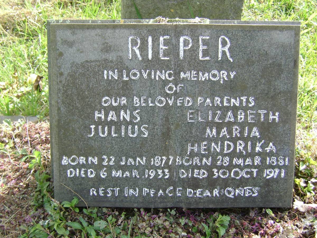 RIEPER Hans Julius 1877-1933 &amp; Elizabeth Maria Hendrina 1881-1971