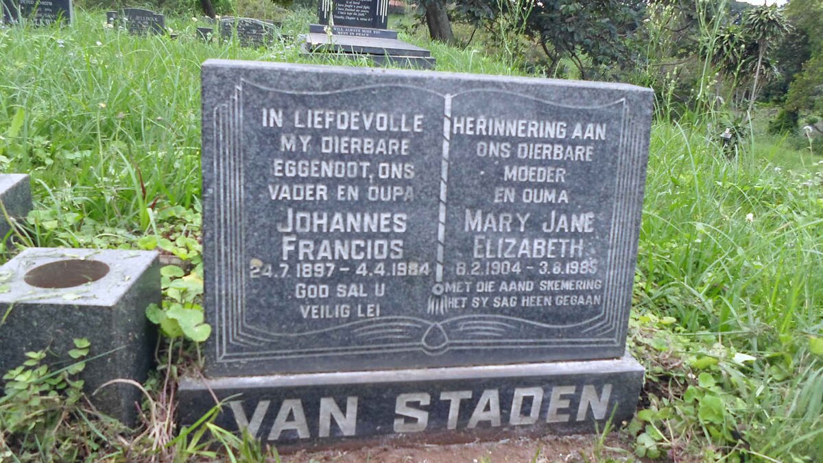 STADEN Johannes Francois, van 1897-1984 &amp; Mary Jane Elizabeth 1904-1985