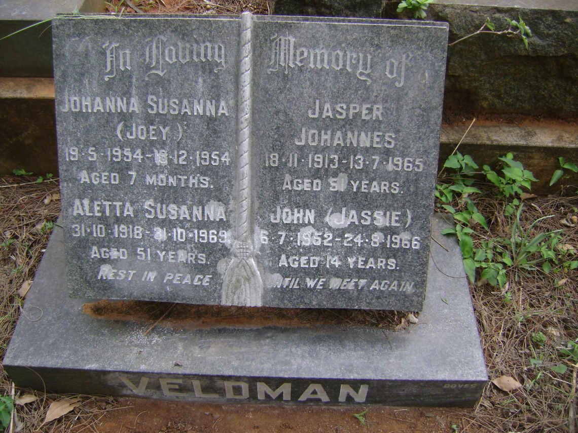 VELDMAN Jasper Johannes 1913-1965 &amp; Aletta Susanna 1918-1969 :: VELDMAN Johanna Susanna 1954-1954 :: VELDMAN John 1952-1966