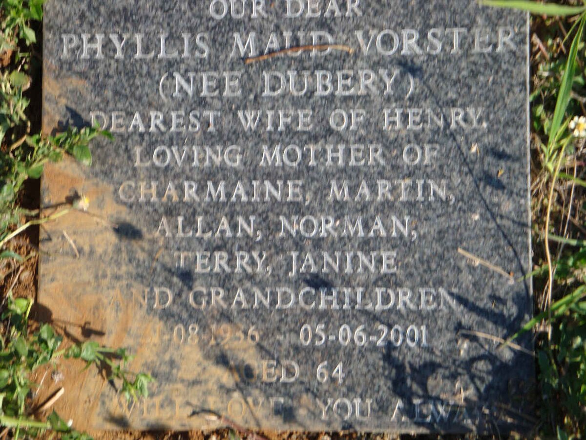 VORSTER Phyllis Maude nee DUBERY 1936-2001