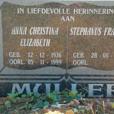 MULLER Stephanus Francois 1934- &amp; Anna Christina Elizabeth 1936-1999